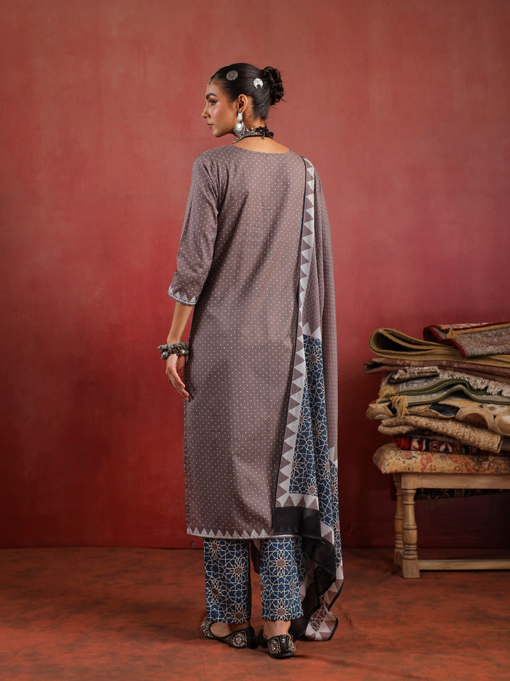 Noorani Mosaic Suit – Taupe & Indigo Harmony