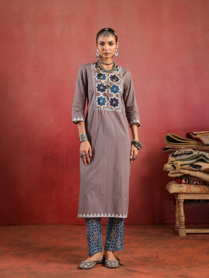 Noorani Mosaic Suit – Taupe & Indigo Harmony
