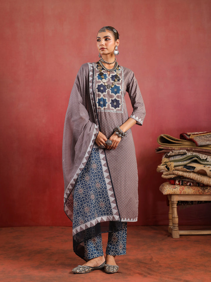 Noorani Mosaic Suit – Taupe & Indigo Harmony