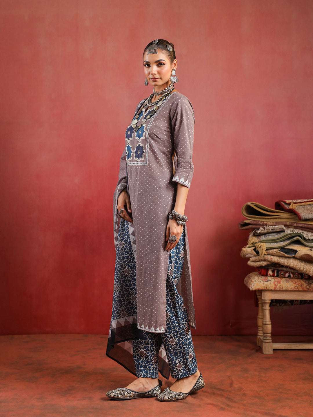 Noorani Mosaic Suit – Taupe & Indigo Harmony