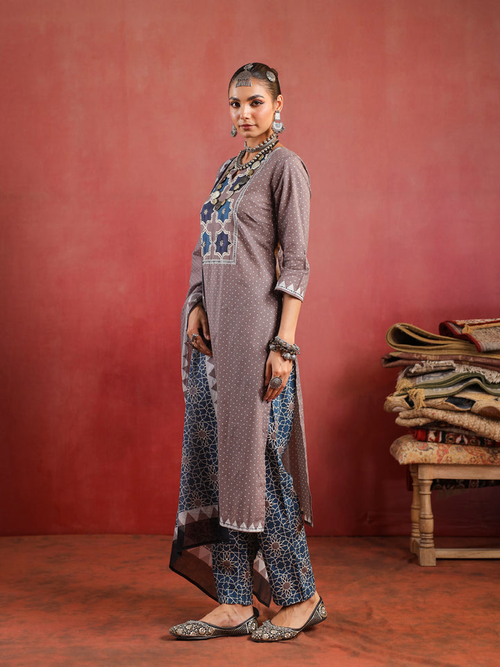 Noorani Mosaic Suit – Taupe & Indigo Harmony