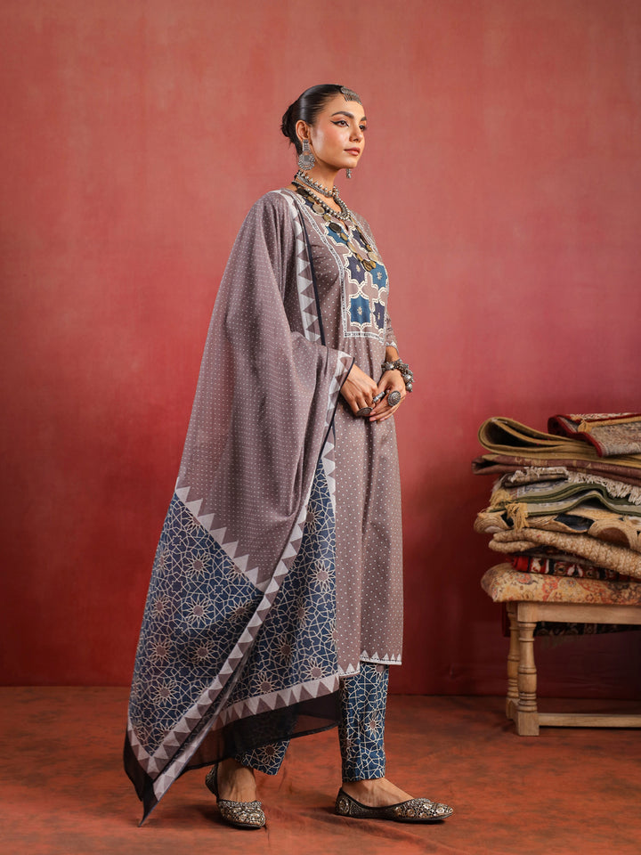 Noorani Mosaic Suit – Taupe & Indigo Harmony