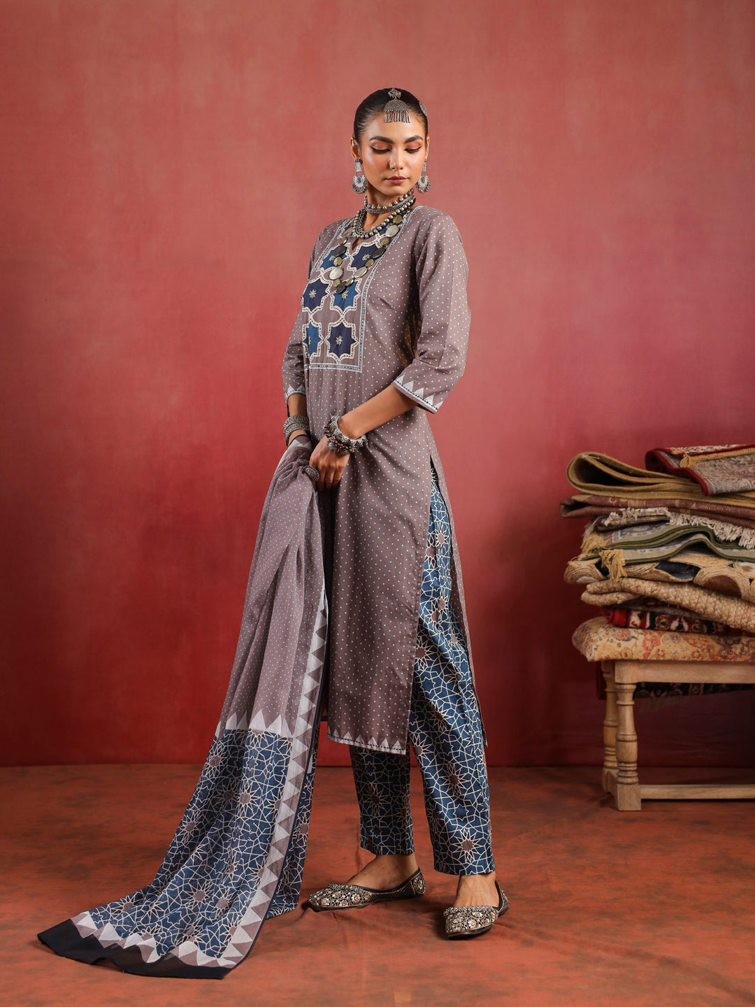 Noorani Mosaic Suit – Taupe & Indigo Harmony
