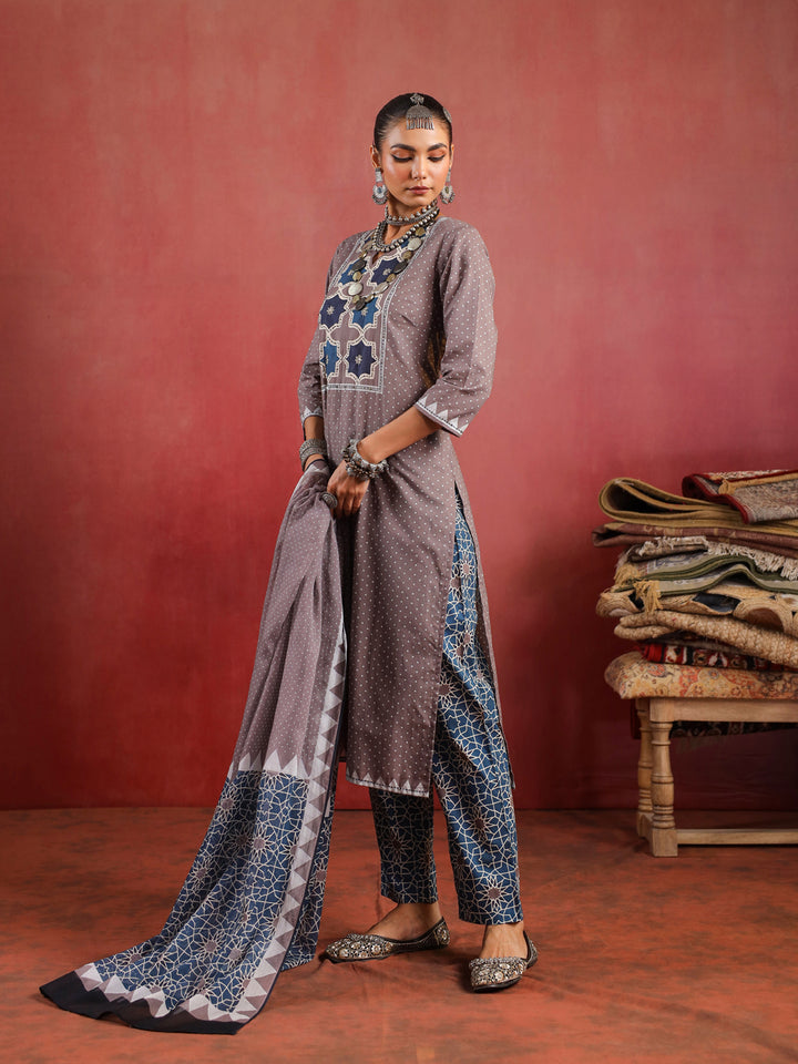 Noorani Mosaic Suit – Taupe & Indigo Harmony