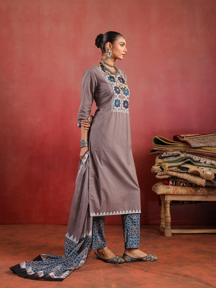 Noorani Mosaic Suit – Taupe & Indigo Harmony