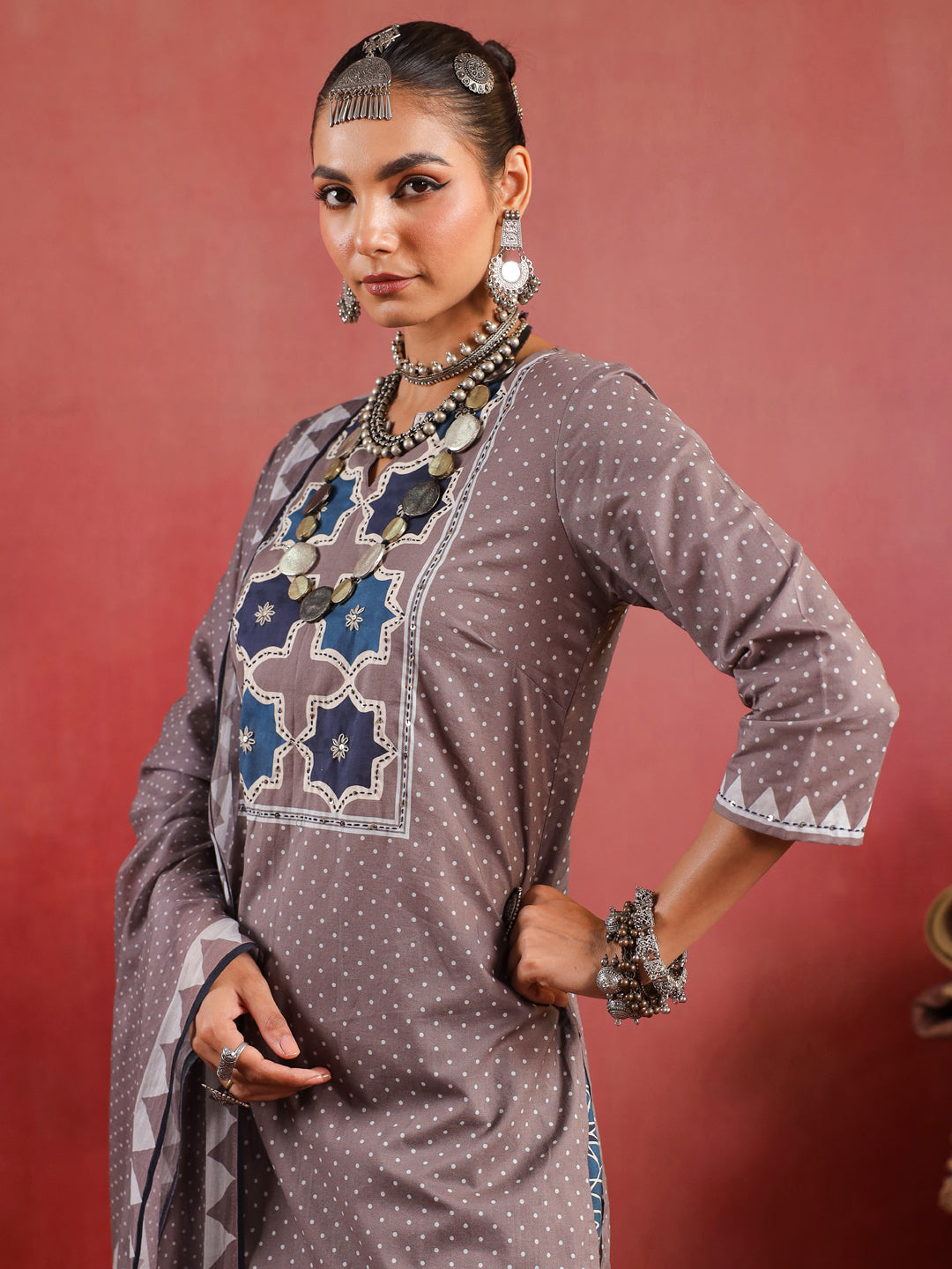 Noorani Mosaic Suit – Taupe & Indigo Harmony