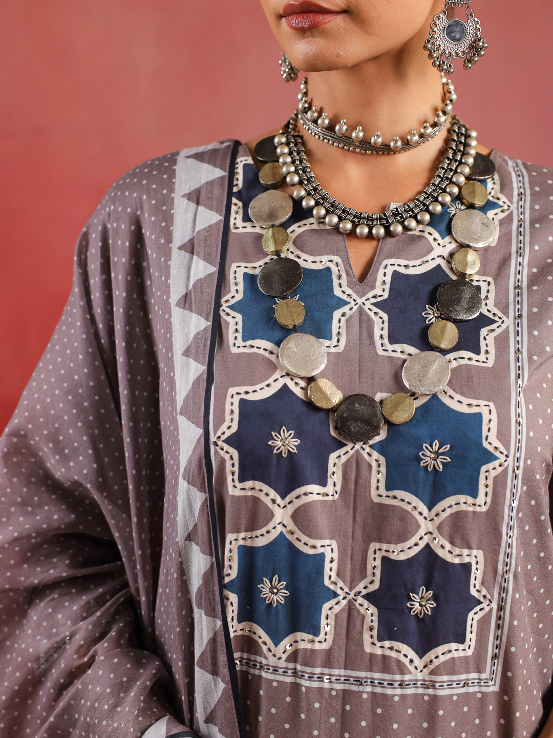 Noorani Mosaic Suit – Taupe & Indigo Harmony