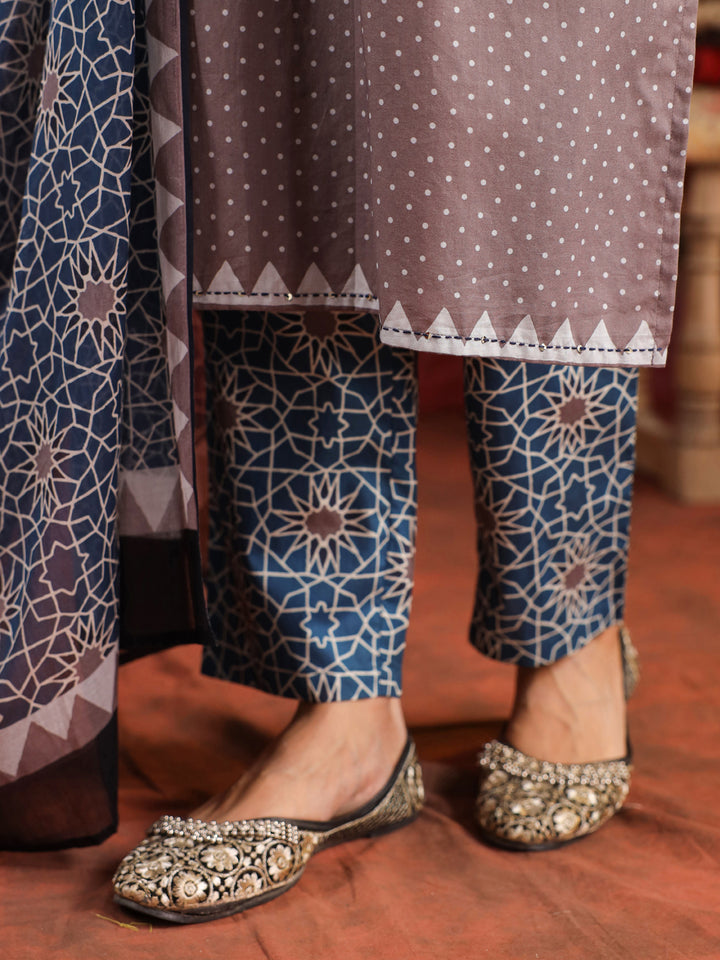 Noorani Mosaic Suit – Taupe & Indigo Harmony