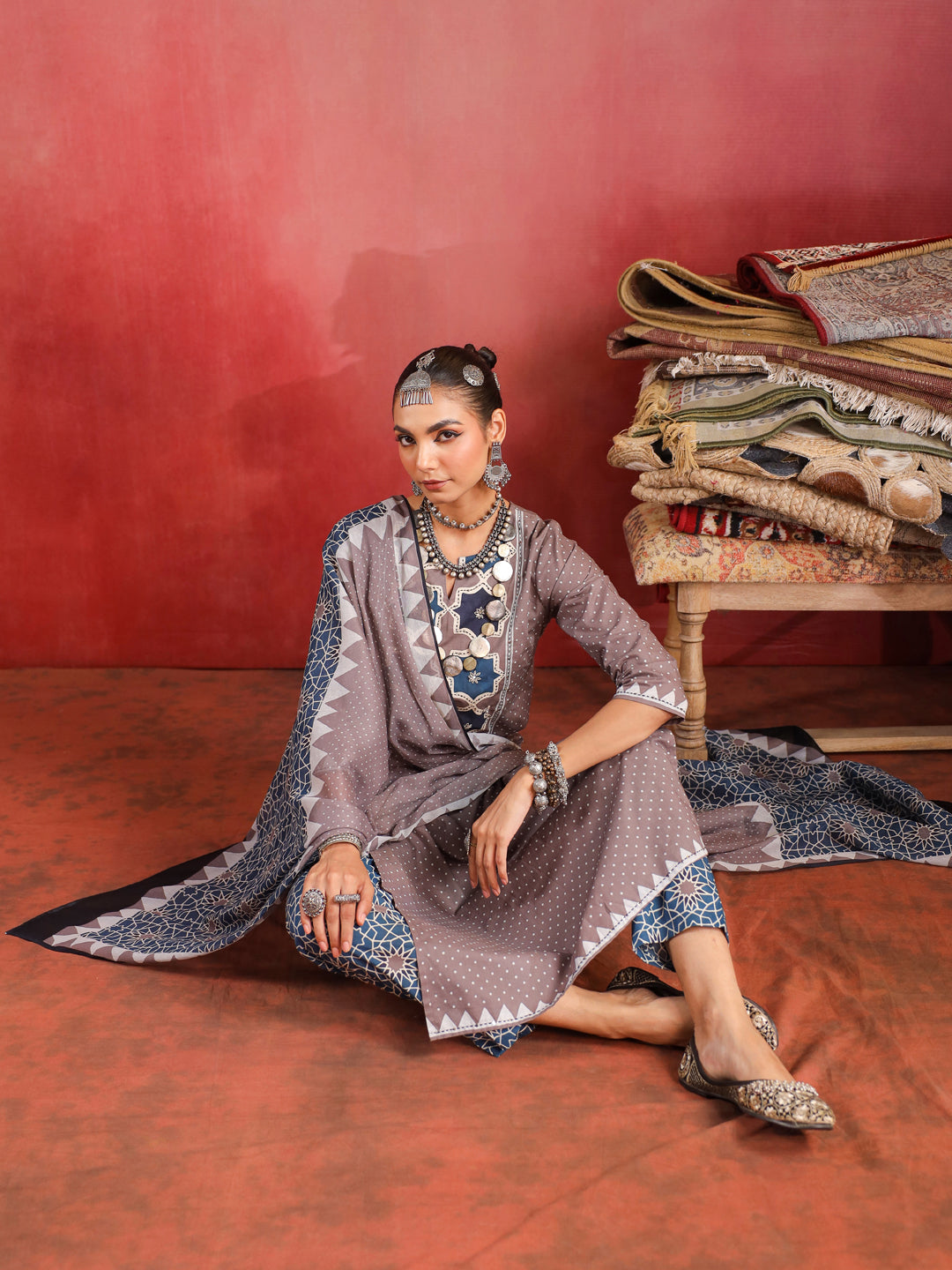 Noorani Mosaic Suit – Taupe & Indigo Harmony