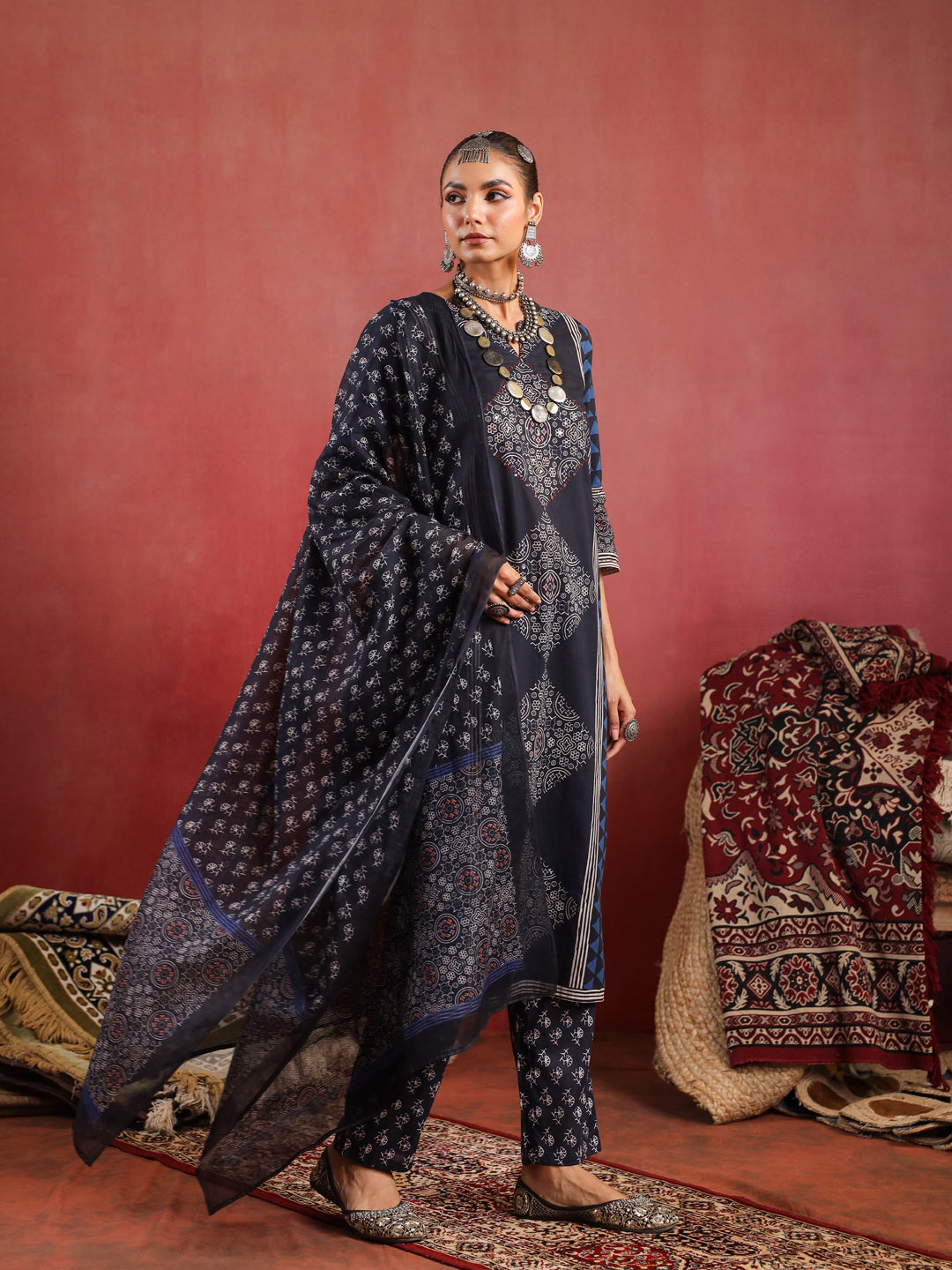 Kaari Sitara | Charcoal Ajrakh Suit Set