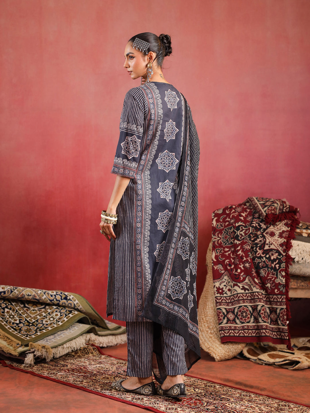 Raahi | Charcoal Ajrakh Suit Set