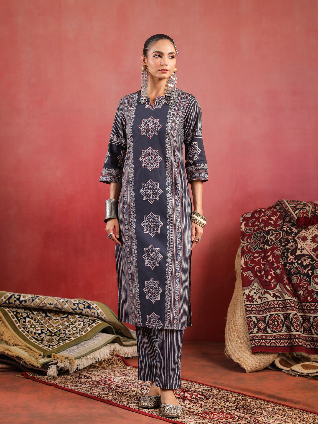 Raahi | Charcoal Ajrakh Suit Set