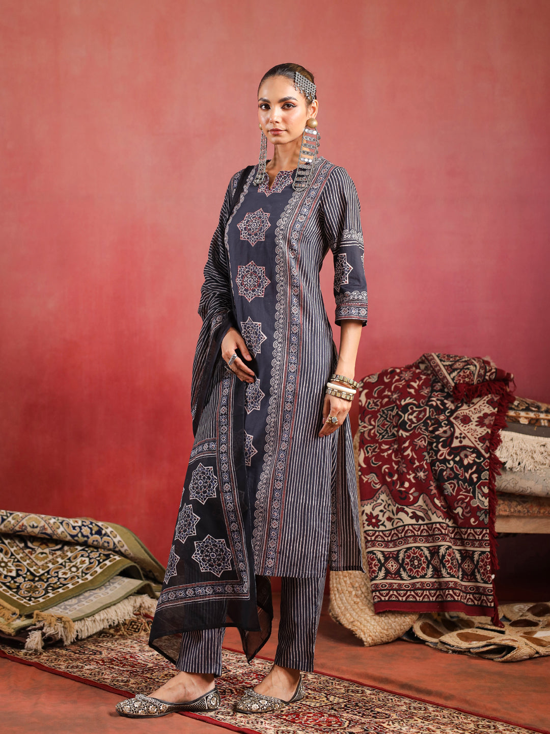 Raahi | Charcoal Ajrakh Suit Set
