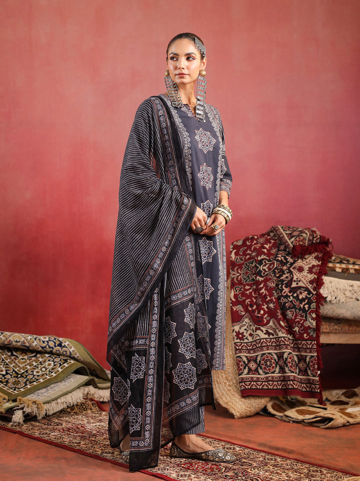 Raahi | Charcoal Ajrakh Suit Set
