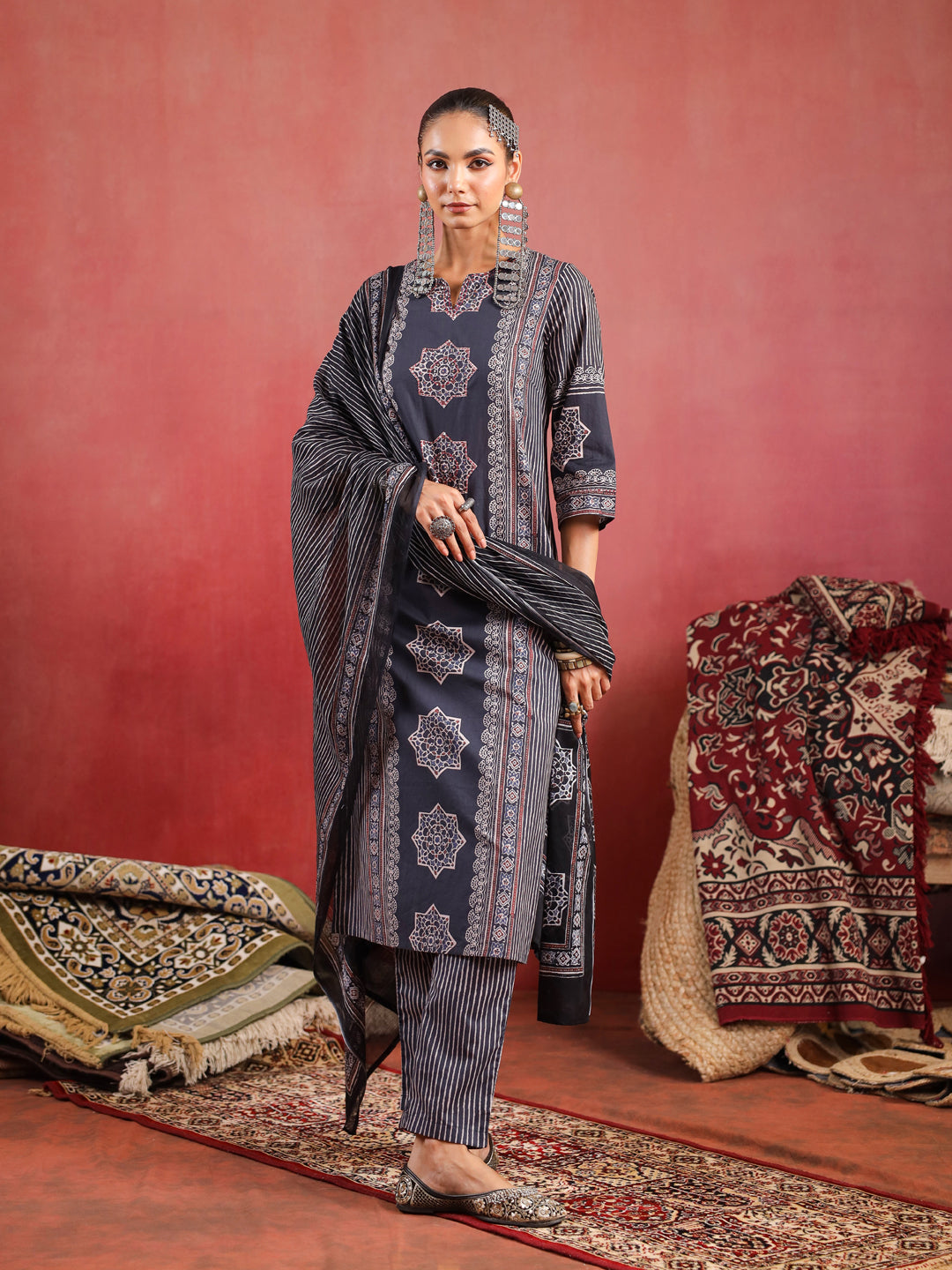Raahi | Charcoal Ajrakh Suit Set