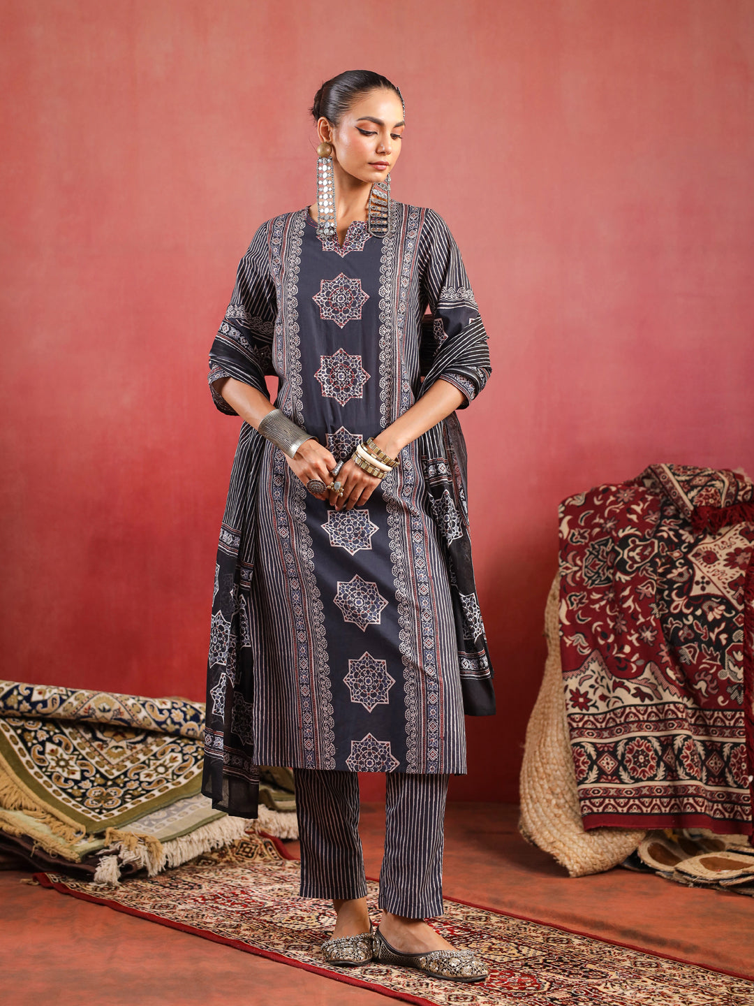 Raahi | Charcoal Ajrakh Suit Set