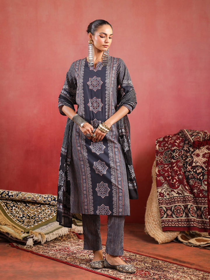 Raahi | Charcoal Ajrakh Suit Set