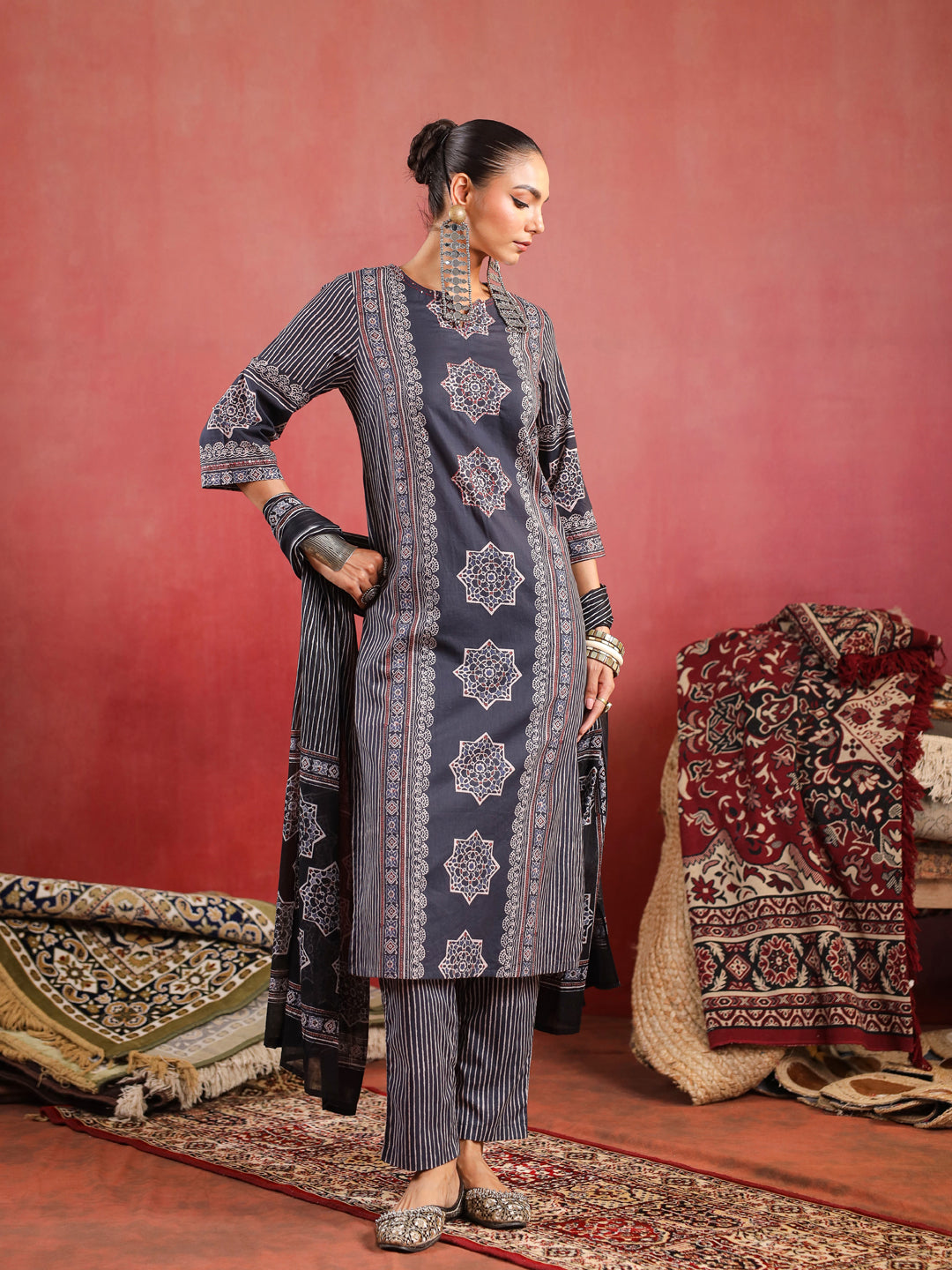 Raahi | Charcoal Ajrakh Suit Set