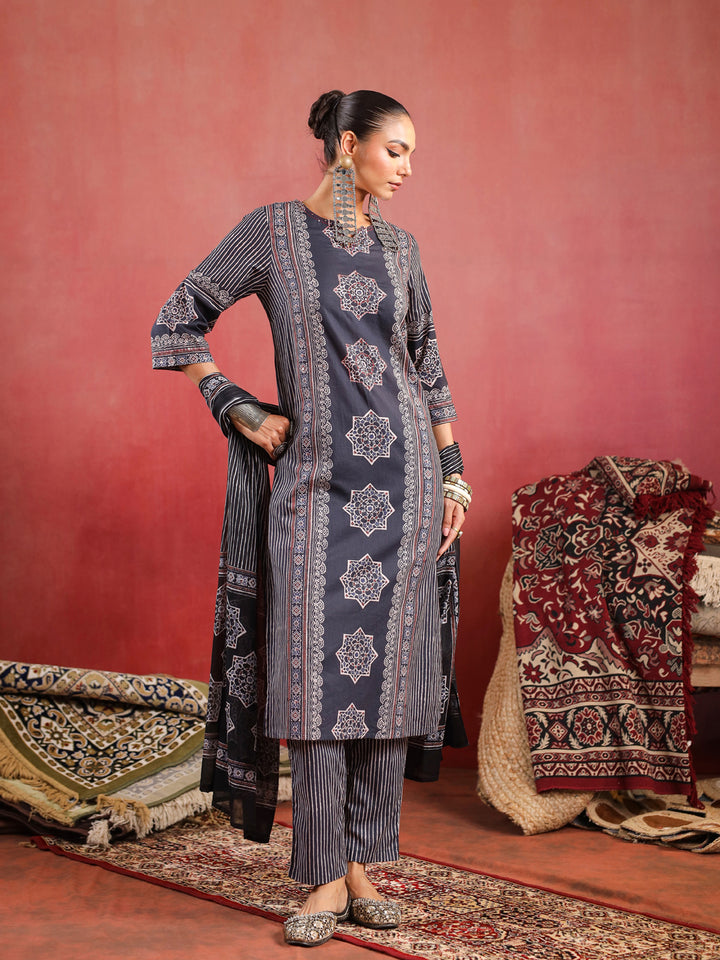 Raahi | Charcoal Ajrakh Suit Set