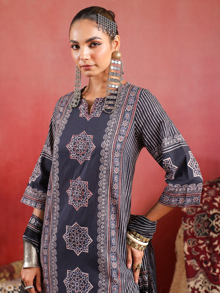 Raahi | Charcoal Ajrakh Suit Set