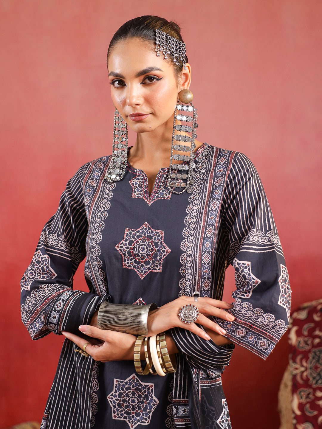 Raahi | Charcoal Ajrakh Suit Set
