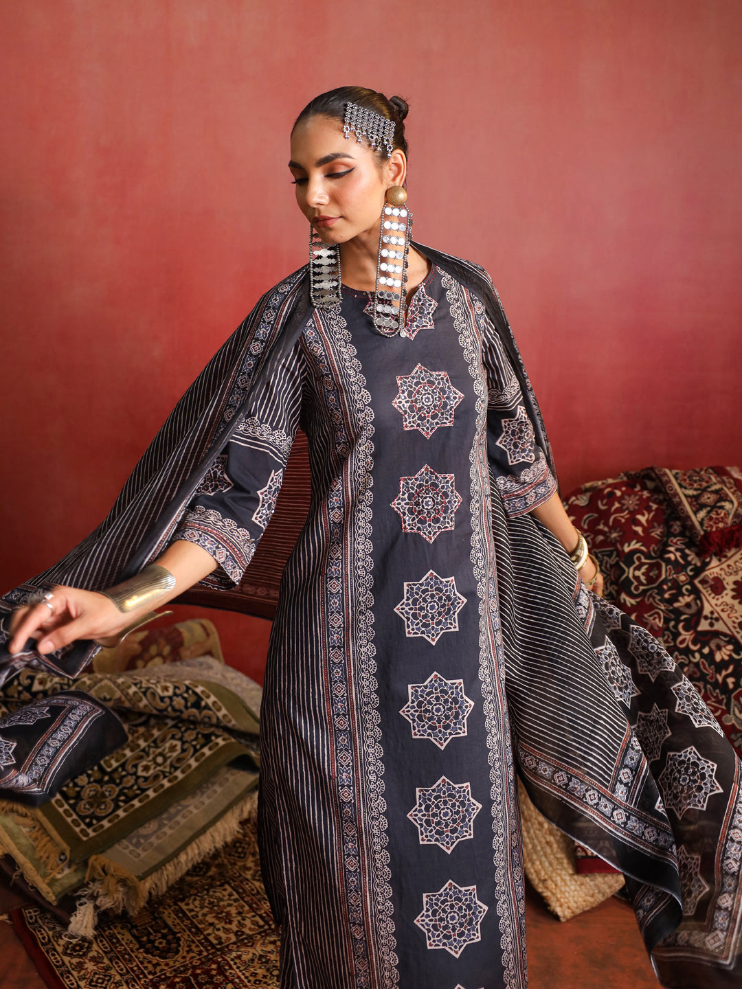 Raahi | Charcoal Ajrakh Suit Set