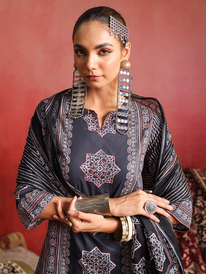 Raahi | Charcoal Ajrakh Suit Set