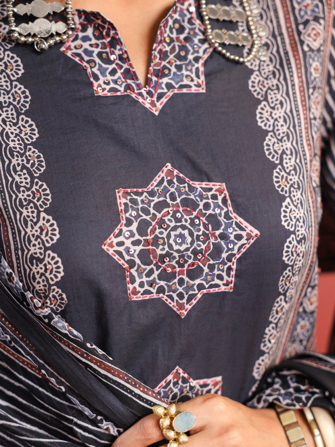 Raahi | Charcoal Ajrakh Suit Set