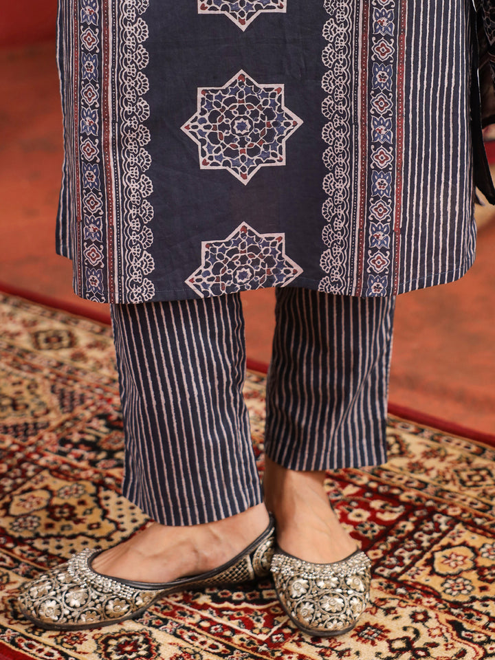 Raahi | Charcoal Ajrakh Suit Set