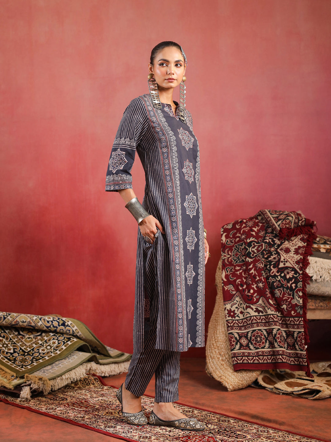 Raahi | Charcoal Ajrakh Suit Set
