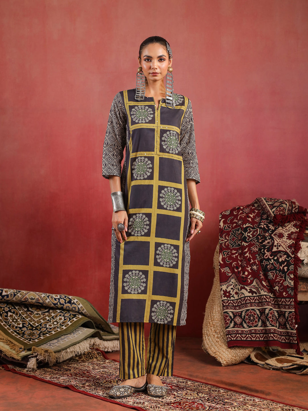 Kaashi | Black Olive Ajrakh Suit Set