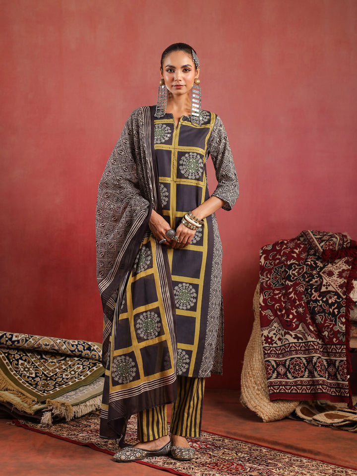 Kaashi | Black Olive Ajrakh Suit Set