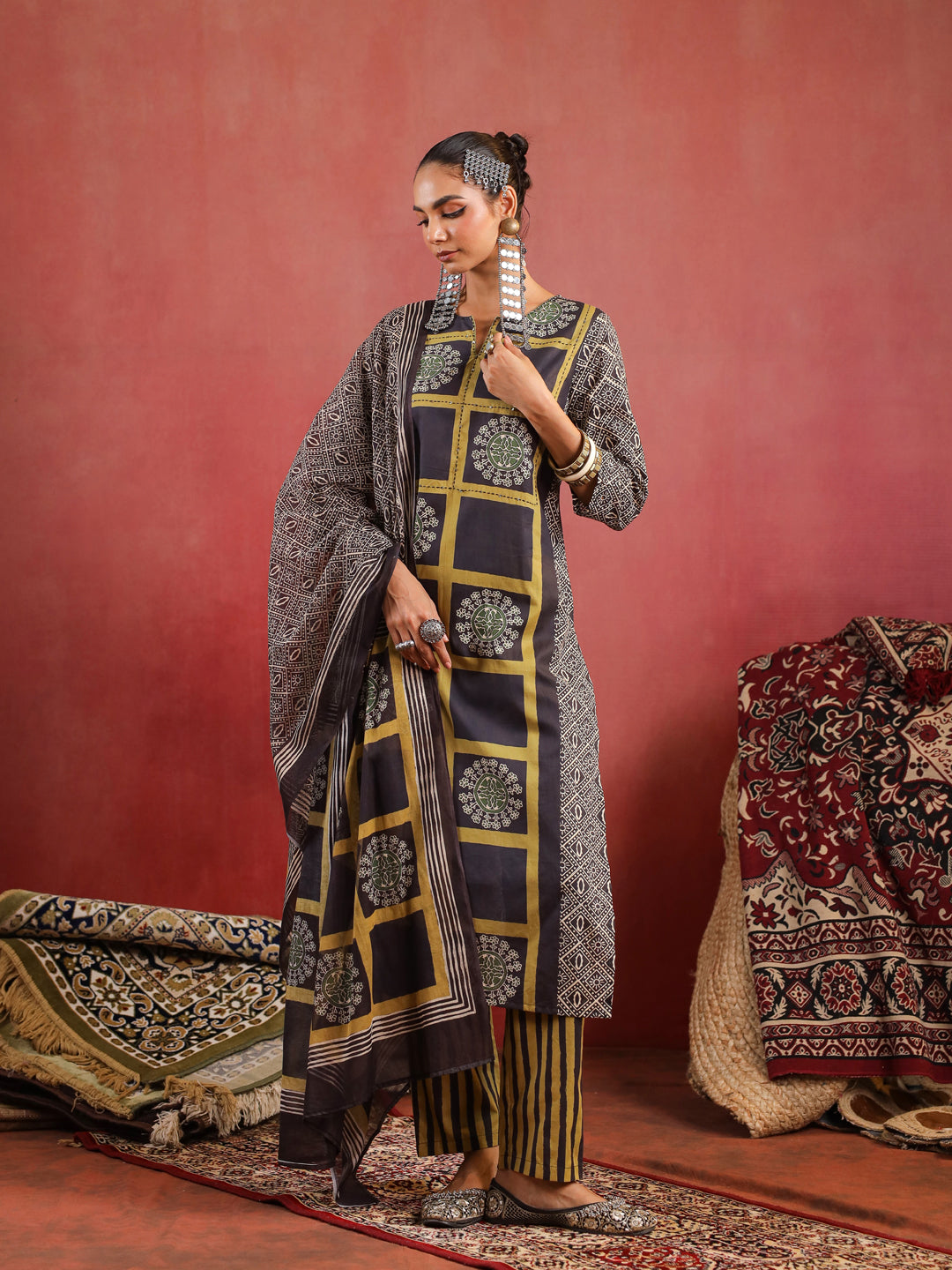 Kaashi | Black Olive Ajrakh Suit Set