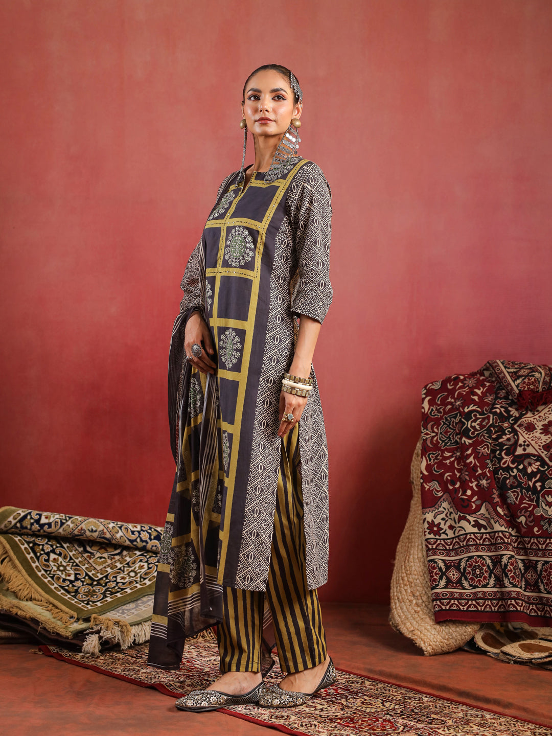 Kaashi | Black Olive Ajrakh Suit Set
