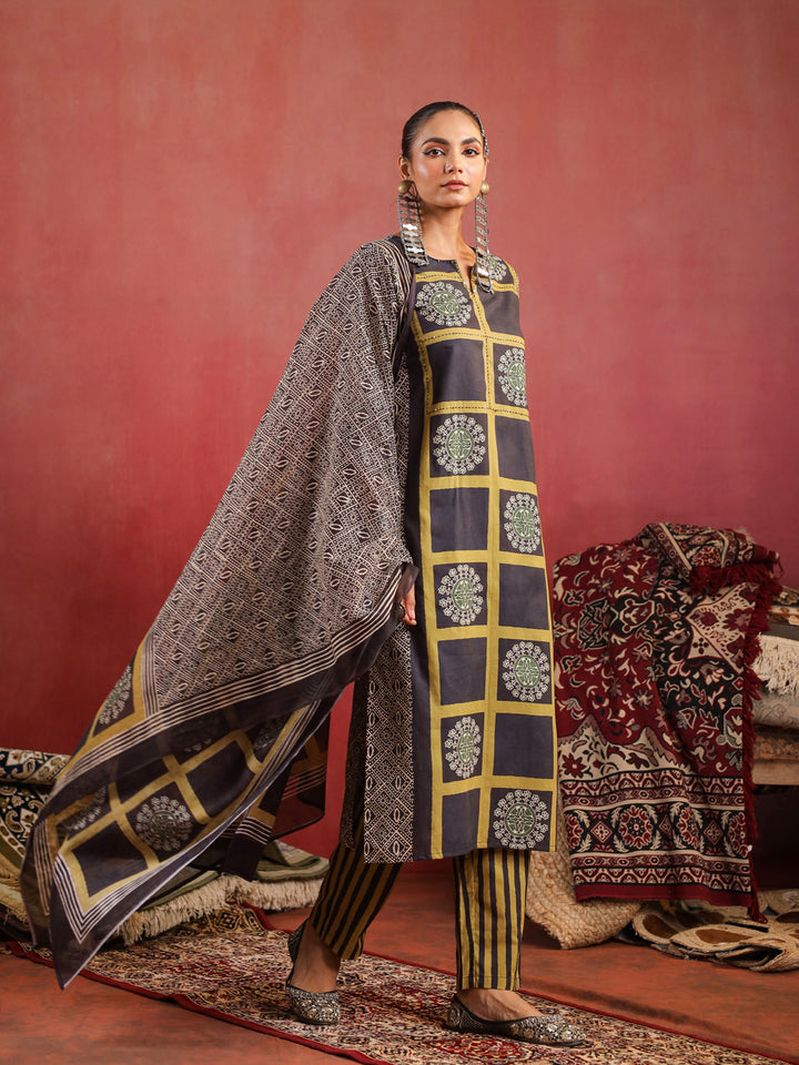 Kaashi | Black Olive Ajrakh Suit Set