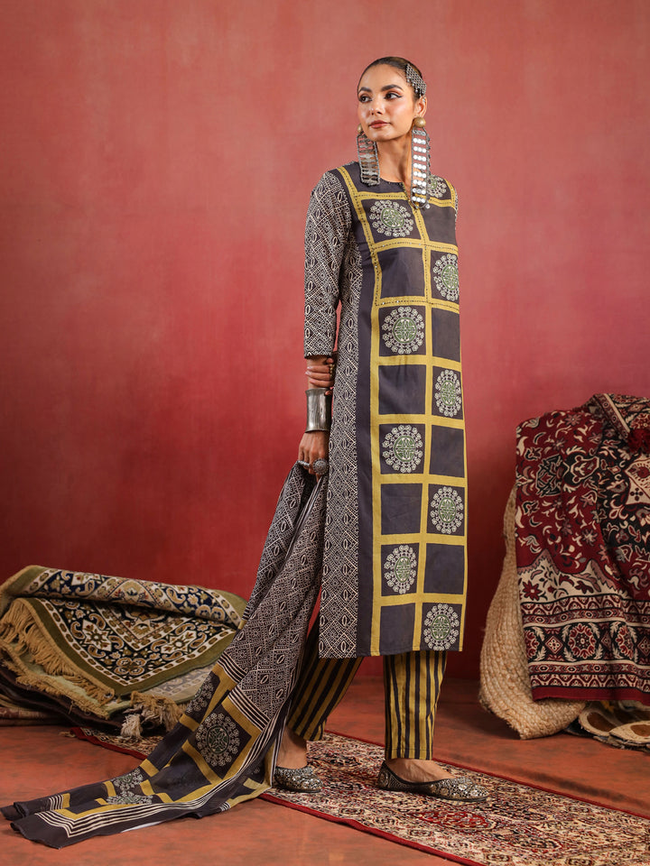 Kaashi | Black Olive Ajrakh Suit Set