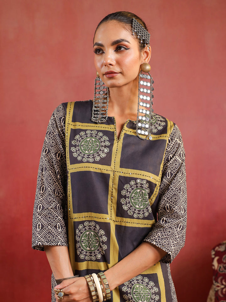 Kaashi | Black Olive Ajrakh Suit Set