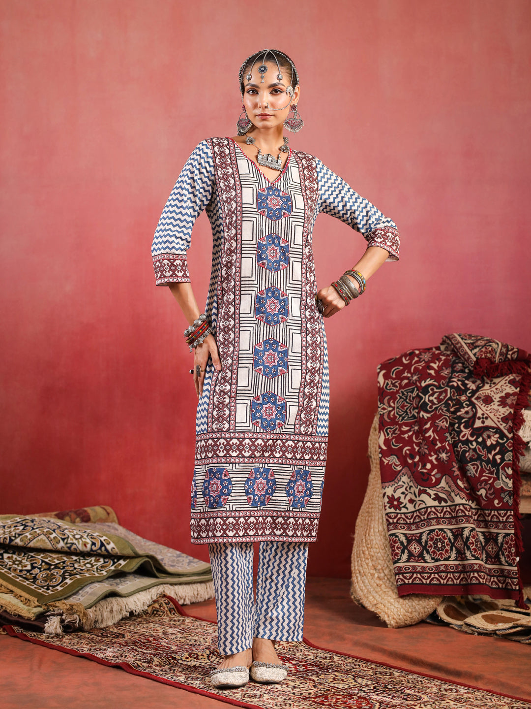 Gulzaar | Pinkish Ivory Ajrakh Suit Set