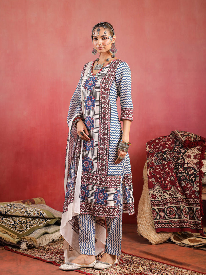 Gulzaar | Pinkish Ivory Ajrakh Suit Set