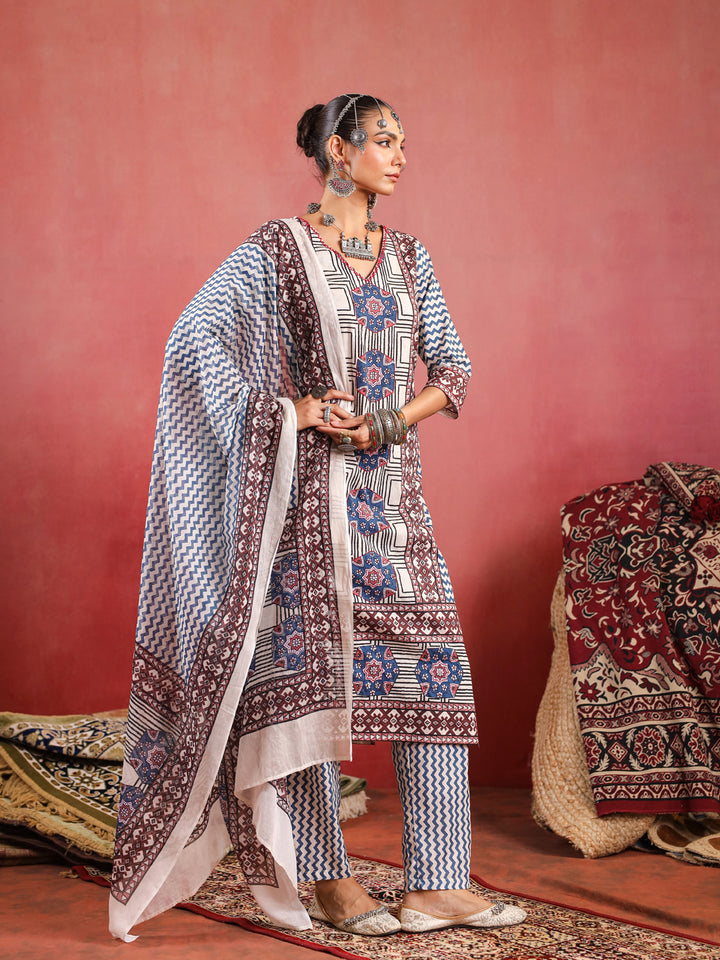 Gulzaar | Pinkish Ivory Ajrakh Suit Set