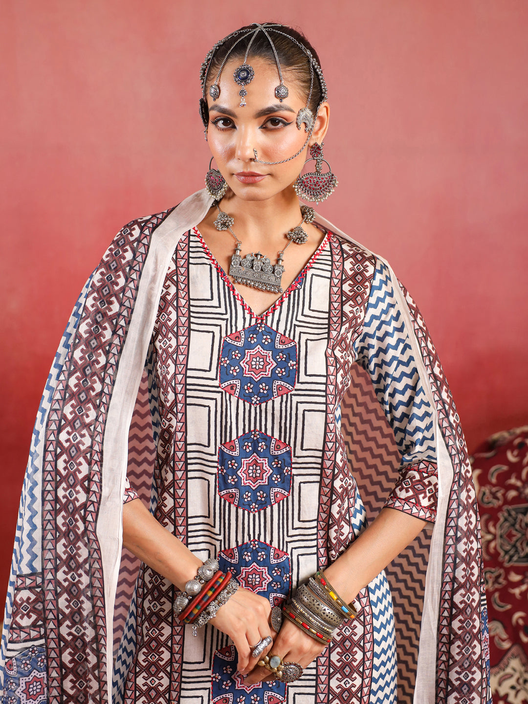 Gulzaar | Pinkish Ivory Ajrakh Suit Set
