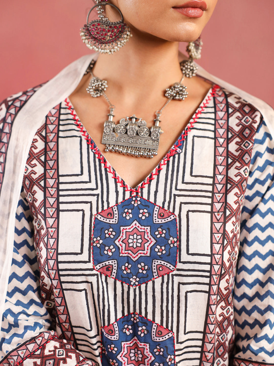 Gulzaar | Pinkish Ivory Ajrakh Suit Set
