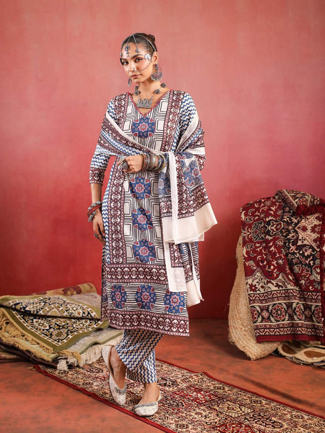 Gulzaar | Pinkish Ivory Ajrakh Suit Set