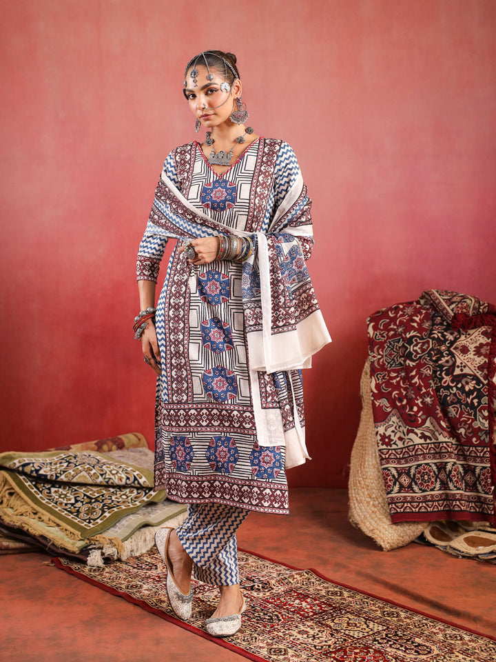 Gulzaar | Pinkish Ivory Ajrakh Suit Set