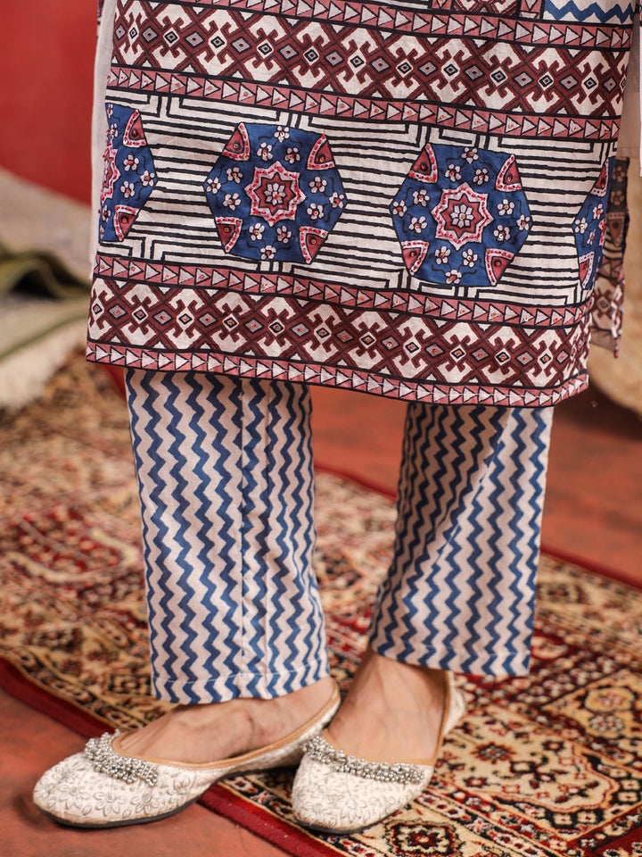Gulzaar | Pinkish Ivory Ajrakh Suit Set