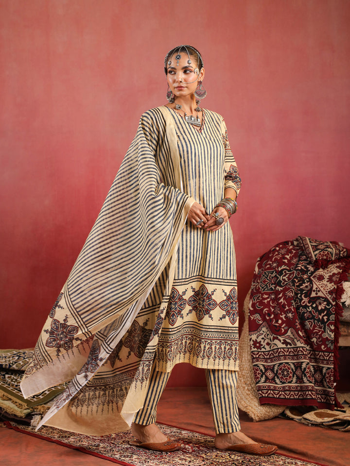 Taabir | Butter Cream Ajrakh Suit Set