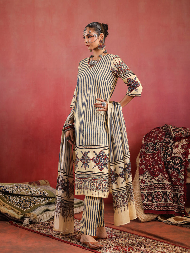 Taabir | Butter Cream Ajrakh Suit Set