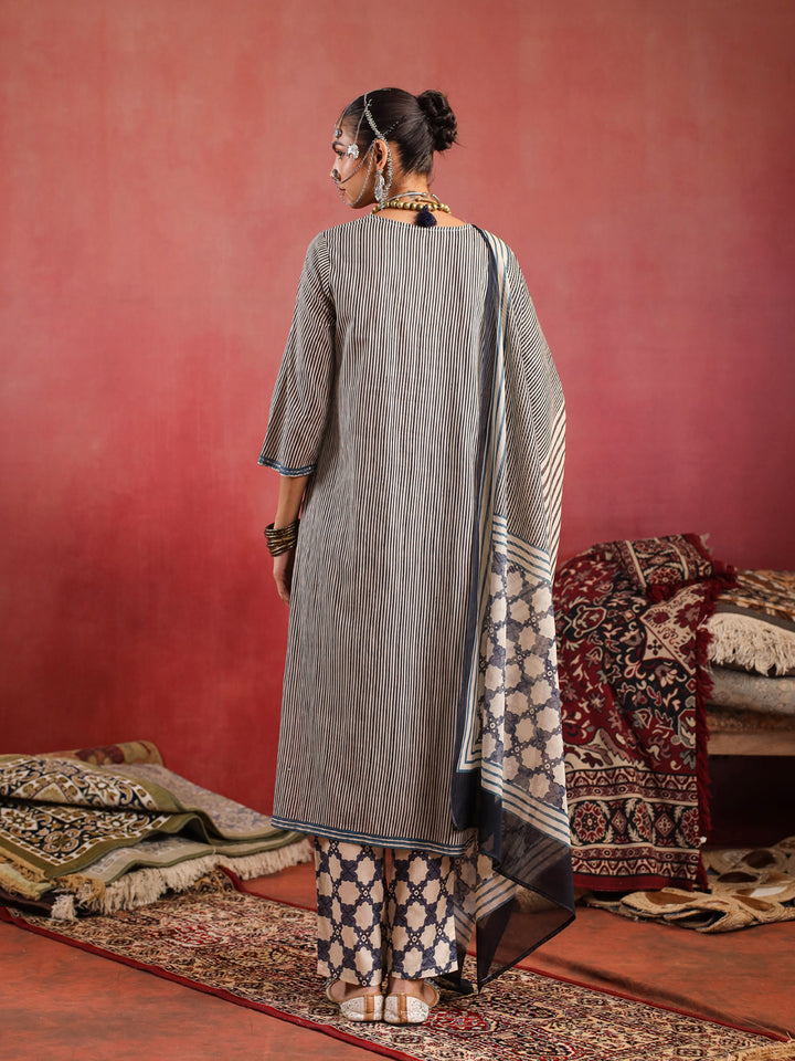Sehar | Cream Indigo Ajrakh Suit Set