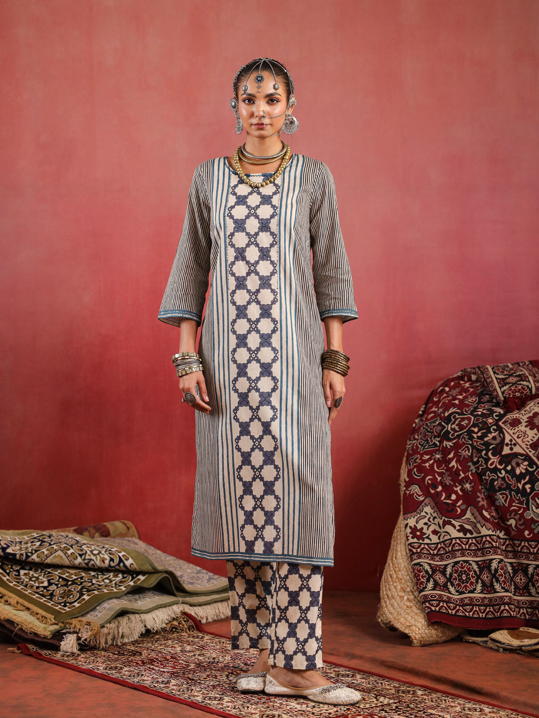 Sehar | Cream Indigo Ajrakh Suit Set
