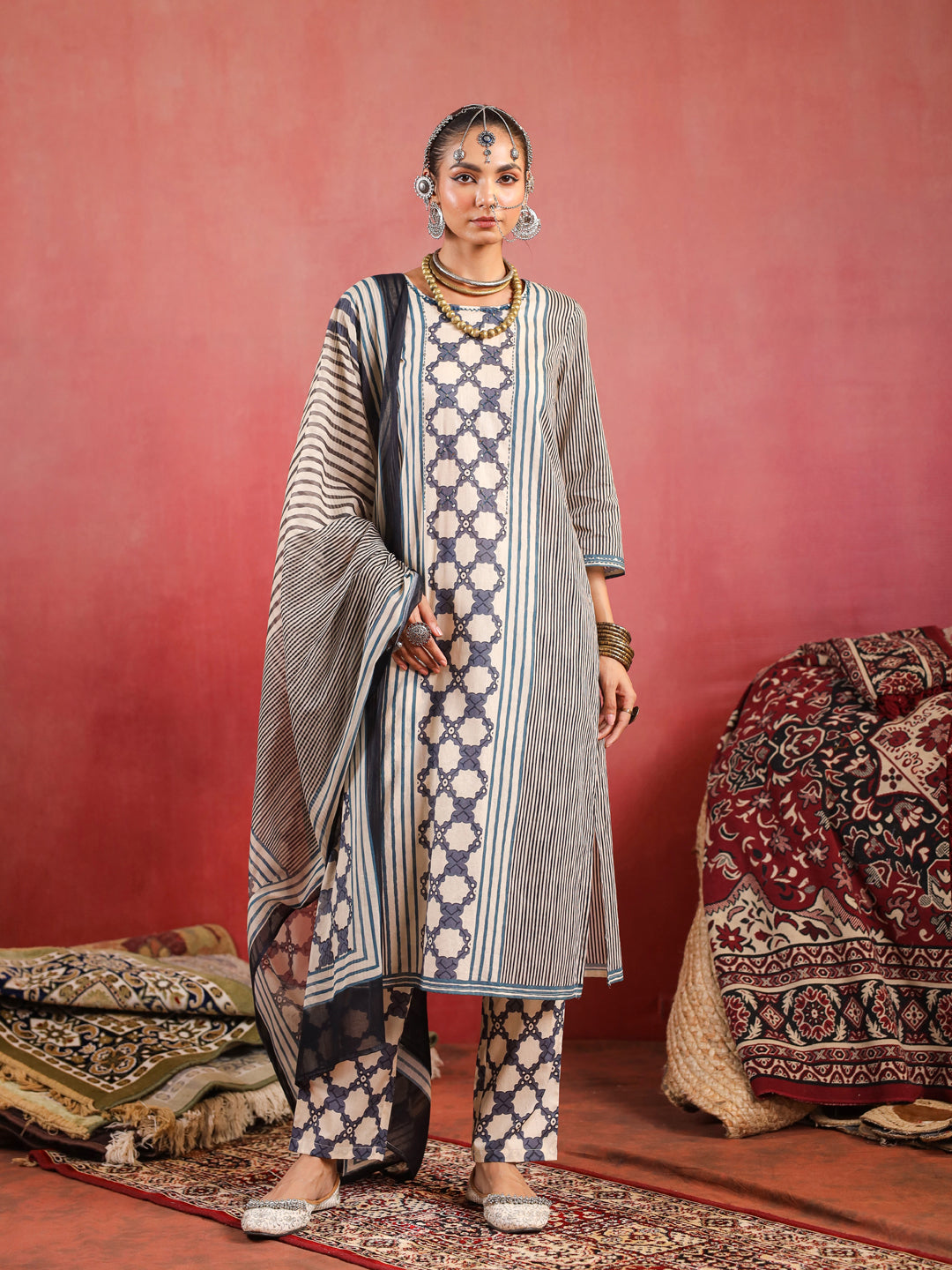 Sehar | Cream Indigo Ajrakh Suit Set